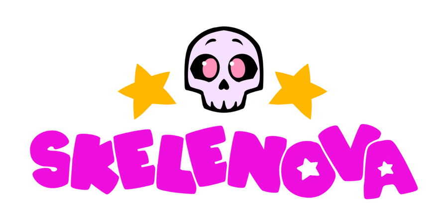 A logo that reads "skelenova" in uppercase. Above the wordmark is a cute, cartoon skull, with simplified stars on either side of it.